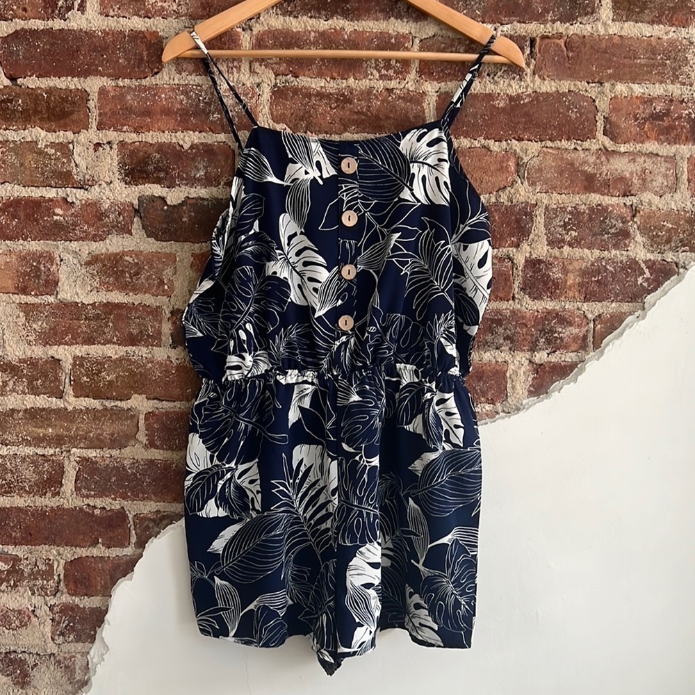 NAVY & White Floral Romper with Button Accents